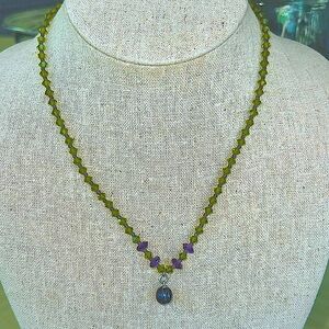Artisan Handmade Swarovski Dark Green Beaded Necklace w/ Dark Grey Pearl Dangle